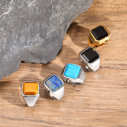 Rockyu メンズ印台リング ステンレス 四角ストーン IPゴールド 金属アレルギー対応