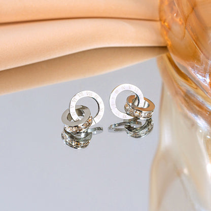 Rockyu ピンクゴールド チタン製ローマ数字ピアス CZダイヤ 両耳セット レディース