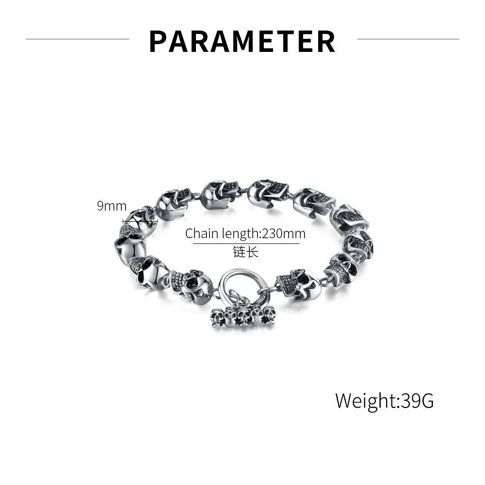 Rockyu スカルチェーンブレスレット メンズ｜ゴシック＆ロックデザイン｜幅広 シルバー｜サージカルステンレス製 金属アレルギー対応