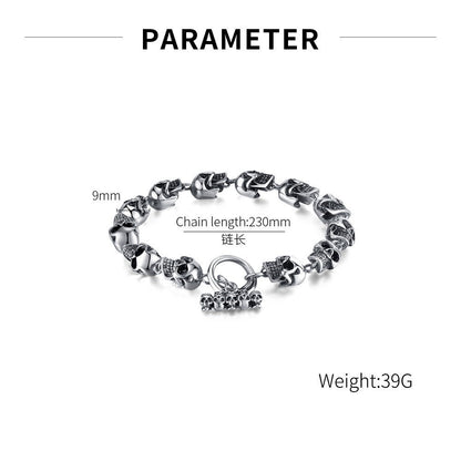 Rockyu スカルチェーンブレスレット メンズ｜ゴシック＆ロックデザイン｜幅広 シルバー｜サージカルステンレス製 金属アレルギー対応