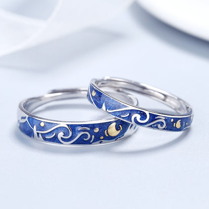 Rockyu 星空リング レディース フリーサイズ 月と星モチーフ シルバー925