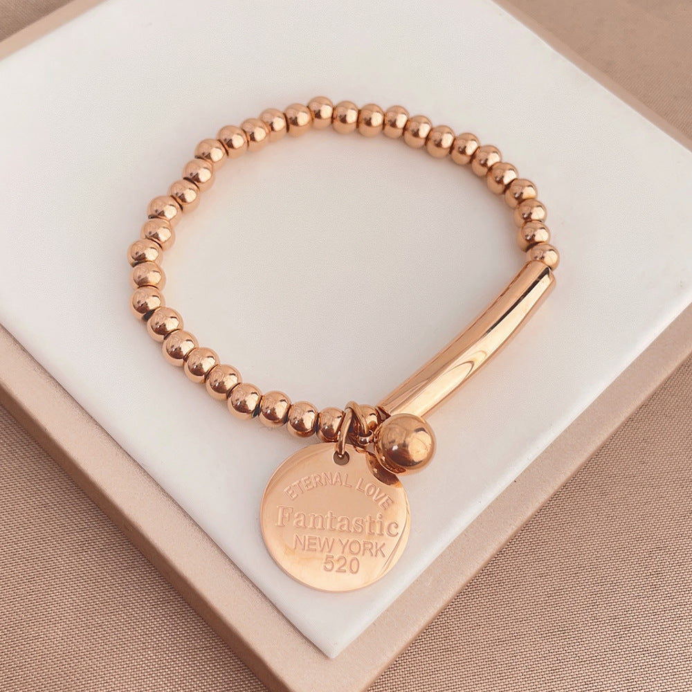 Rockyu レディースビーズブレスレット ステンレス製 刻印チャーム付き ニューヨークスタイル ファッションアクセサリー