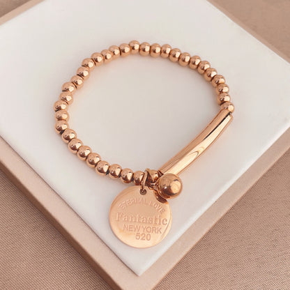 Rockyu レディースビーズブレスレット ステンレス製 刻印チャーム付き ニューヨークスタイル ファッションアクセサリー