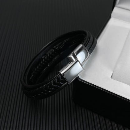 Rockyu メンズ ブレスレット レザー 黒 多重巻き 髑髏 ドクロ 編み込み バングル アクセサリー