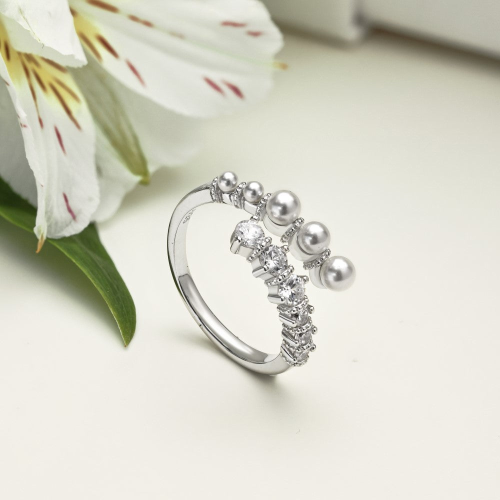 Rockyu レディースリング フリーサイズ パールとストーンが輝く華やか指輪