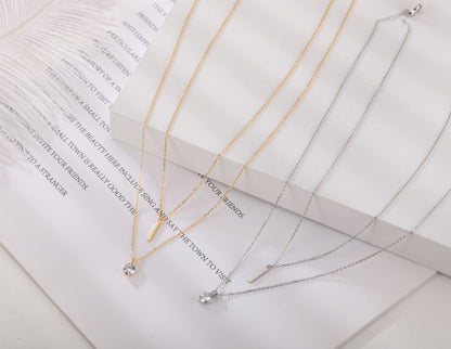 Rockyu ネックレス レディース ピンクゴールド 18K仕上げ 二連チェーン ダイヤモンド風 一粒石 スティック ペンダント 純銀風 ジュエリー アクセサリー