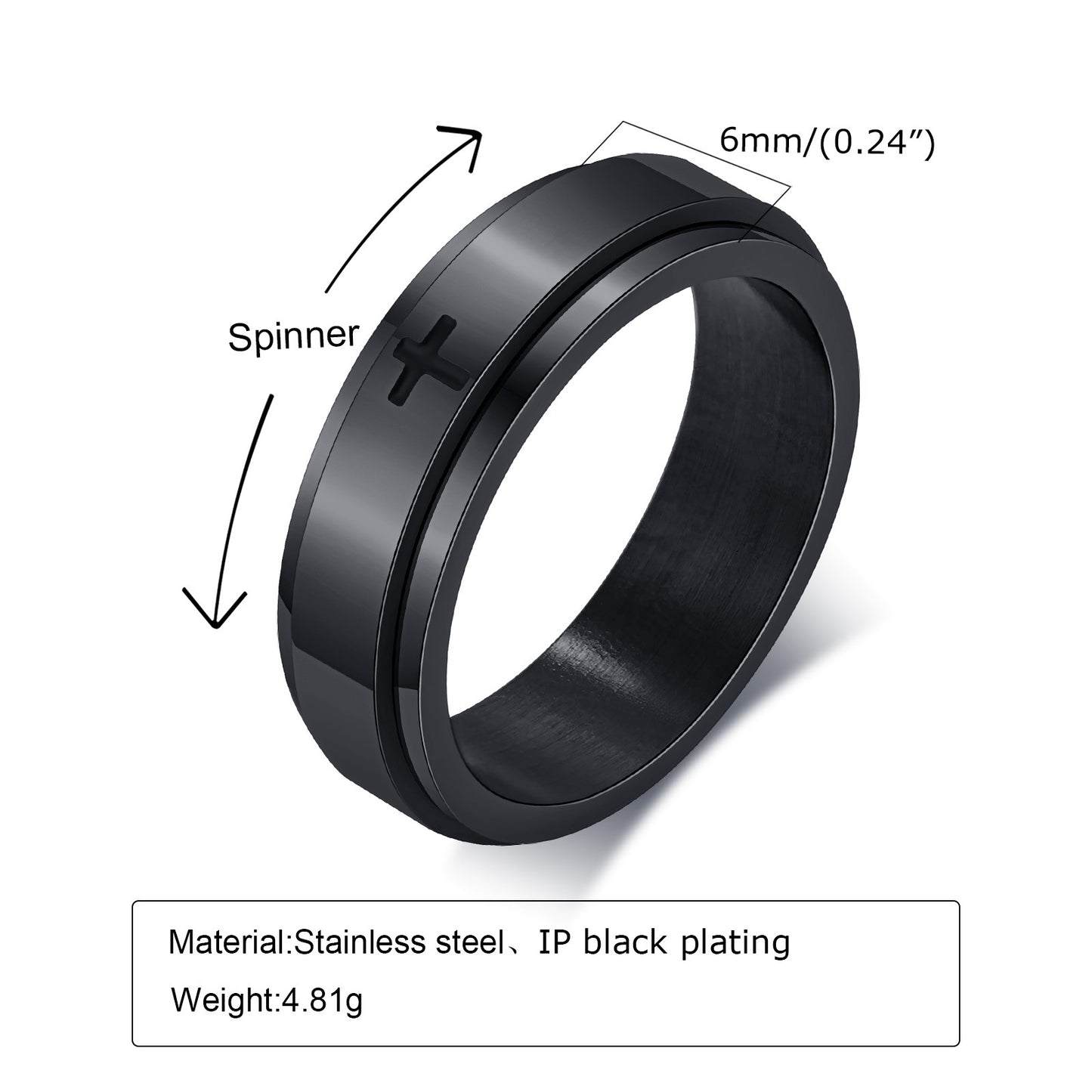 Rockyu メンズクロススピナーリング｜回転する十字架デザイン ステンレス指輪