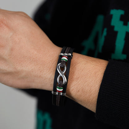 Rockyu ブレスレット メンズ インフィニティ 編み込み 三連 PUレザー ステンレス
