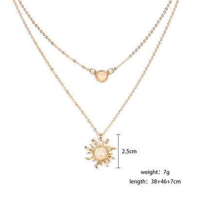 Rockyu 太陽＆月モチーフ 二連ネックレス レディース ゴールド＆シルバー オパール風ペンダント