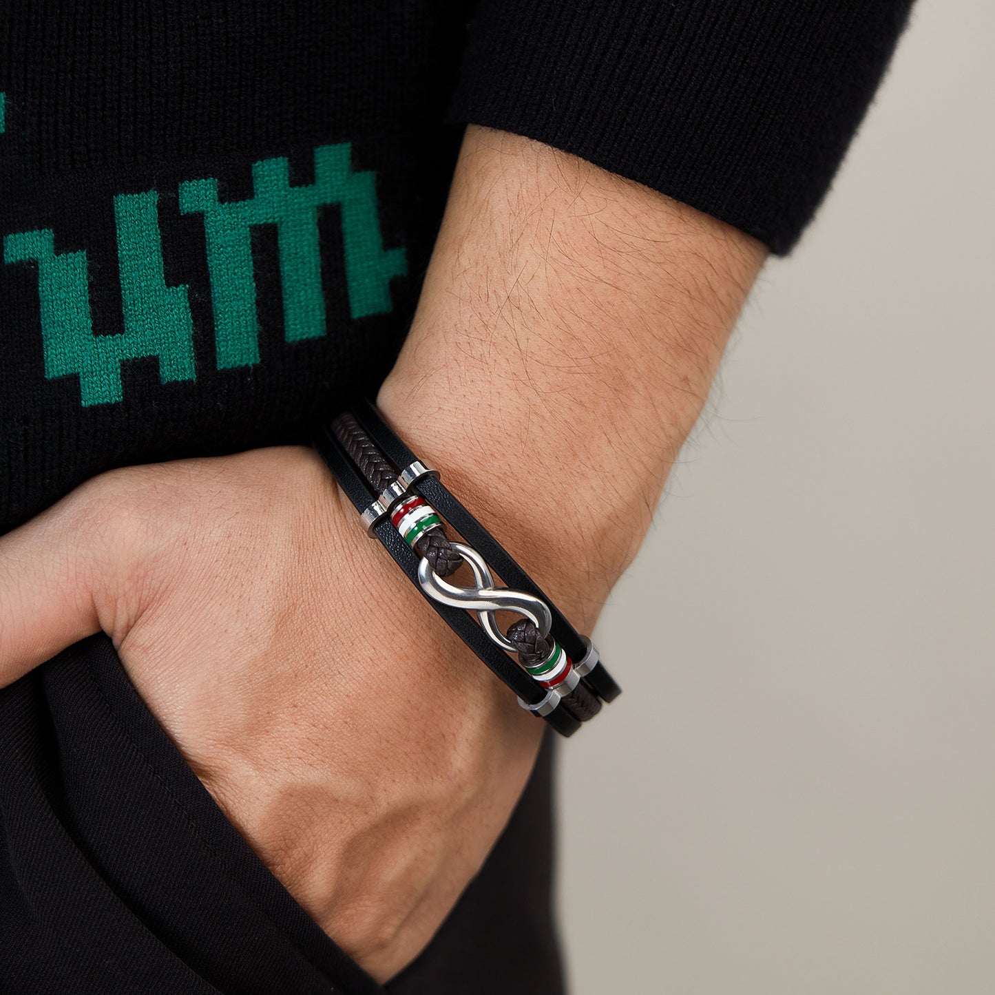 Rockyu ブレスレット メンズ インフィニティ 編み込み 三連 PUレザー ステンレス