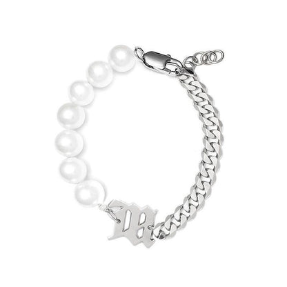 Rockyu ネックレス レディース パール 喜平チェーン アルファベット付き 真珠調 ホワイト チタン 金属アレルギー対応 ヒップホップ パーティー ギフト