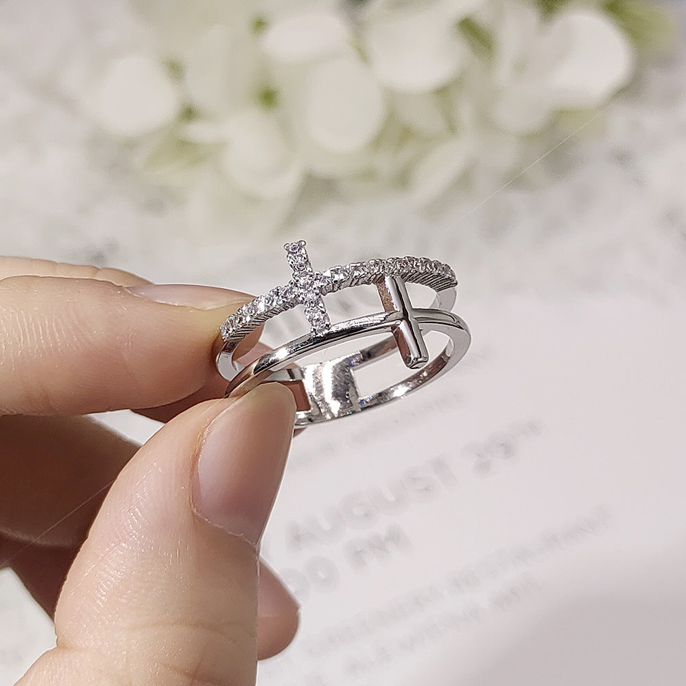 Rockyu クロスリング レディース ジルコニア 18K仕上げ 二連風デザイン 指輪