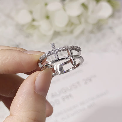 Rockyu クロスリング レディース ジルコニア 18K仕上げ 二連風デザイン 指輪