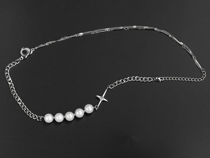 Rockyu ネックレス メンズ レディース シルバー 十字架 パールネックレス チェーン 長さ45cm+5cm チタン製 金属アレルギー対応 ヒップホップ ファッション アクセサリー