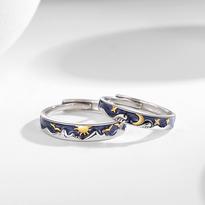Rockyu フリーサイズリング 藍色の空に太陽と月が輝く幻想デザイン
