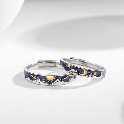 Rockyu フリーサイズリング 藍色の空に太陽と月が輝く幻想デザイン