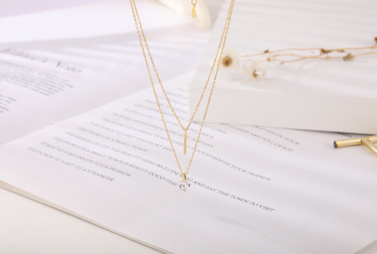 Rockyu ネックレス レディース ピンクゴールド 18K仕上げ 二連チェーン ダイヤモンド風 一粒石 スティック ペンダント 純銀風 ジュエリー アクセサリー