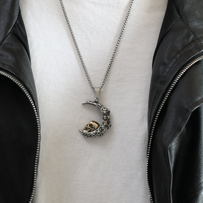 Rockyu メンズネックレス 月とスカルのダークペンダント ステンレス製 60cmチェーン付き