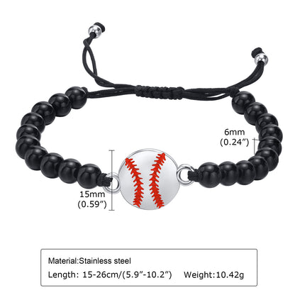 Rockyu メンズブレスレット ブラック瑪瑙 数珠 スポーツモチーフ バスケットボールデザイン 調節可能