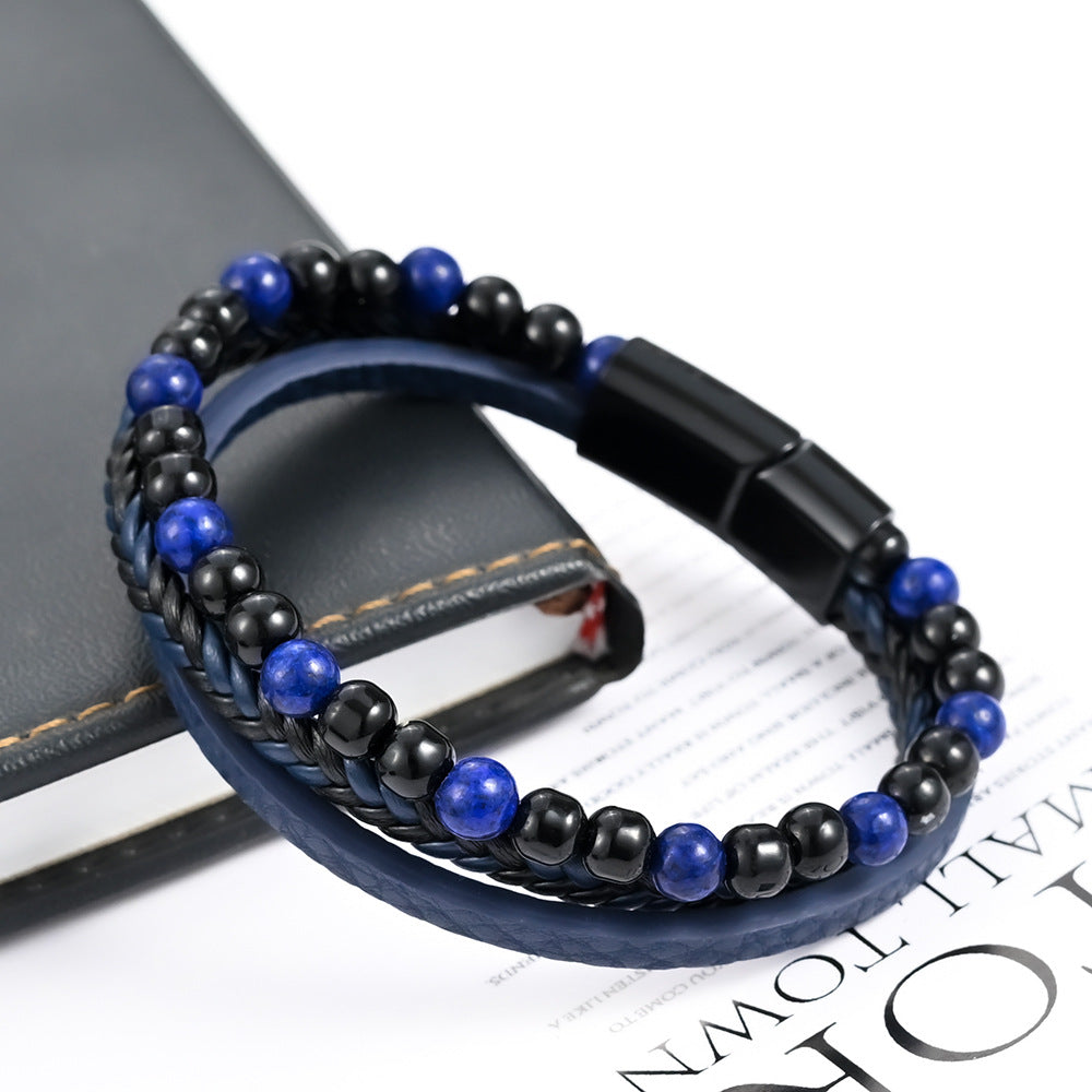 [Rockyu] ブレスレット メンズ レザー 編み込み 数珠 3連ブレスレット ステンレス マグネット留め ブルー ブラック ブランド