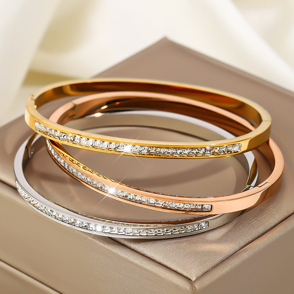 Rockyu レディース バングル キュービック付き 18K仕上 ピンクゴールド＆シルバー