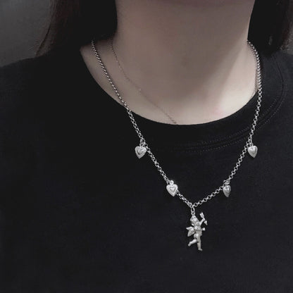 Rockyu ネックレス レディース シルバー キューピッド×ハートチャーム｜天使モチーフの可愛いチタンペンダント