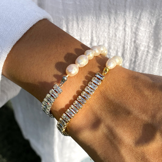 Rockyu ブレスレット レディース パール＆ジルコニア 非対称 ステンレス スチール