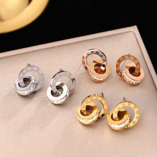 Rockyu リングピアス レディース｜18K仕上げ チタン製 ローマ数字 CZ揺れるデザイン