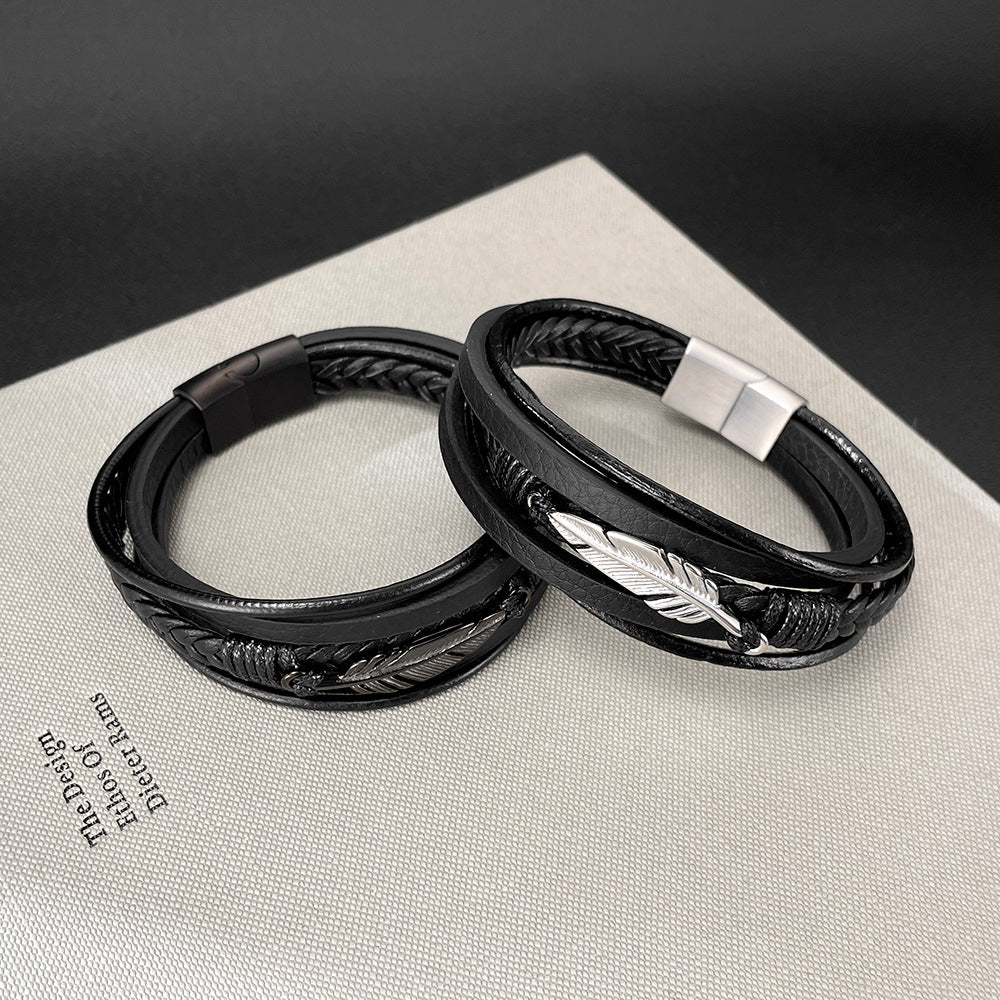 Rockyu メンズブレスレット 本革×ステンレス 羽モチーフ 編み込みデザイン