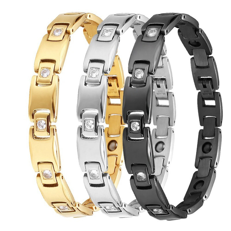Rockyu 純チタン ゲルマニウム磁気ブレスレット レディース ゴールド＆シルバー＆ブラック 10mm
