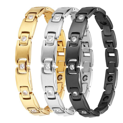 Rockyu 純チタン ゲルマニウム磁気ブレスレット レディース ゴールド＆シルバー＆ブラック 10mm