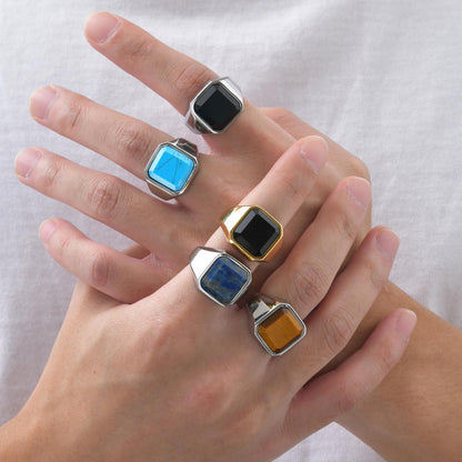 Rockyu メンズ印台リング ステンレス 四角ストーン IPゴールド 金属アレルギー対応