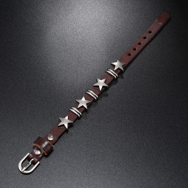 Rockyu メンズ レザー スタースタッズ ブレスレット パンク＆ヴィンテージ風