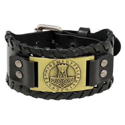 Rockyu ブレスレット メンズ レザー 幅広 ヴァイキング 雷神ハンマー記号 プレート ブラック＆ブラウン
