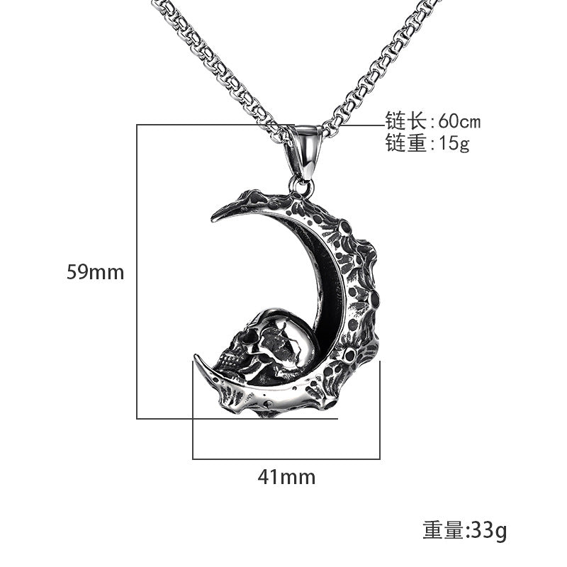 Rockyu メンズネックレス 月とスカルのダークペンダント ステンレス製 60cmチェーン付き