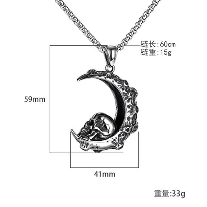 Rockyu メンズネックレス 月とスカルのダークペンダント ステンレス製 60cmチェーン付き