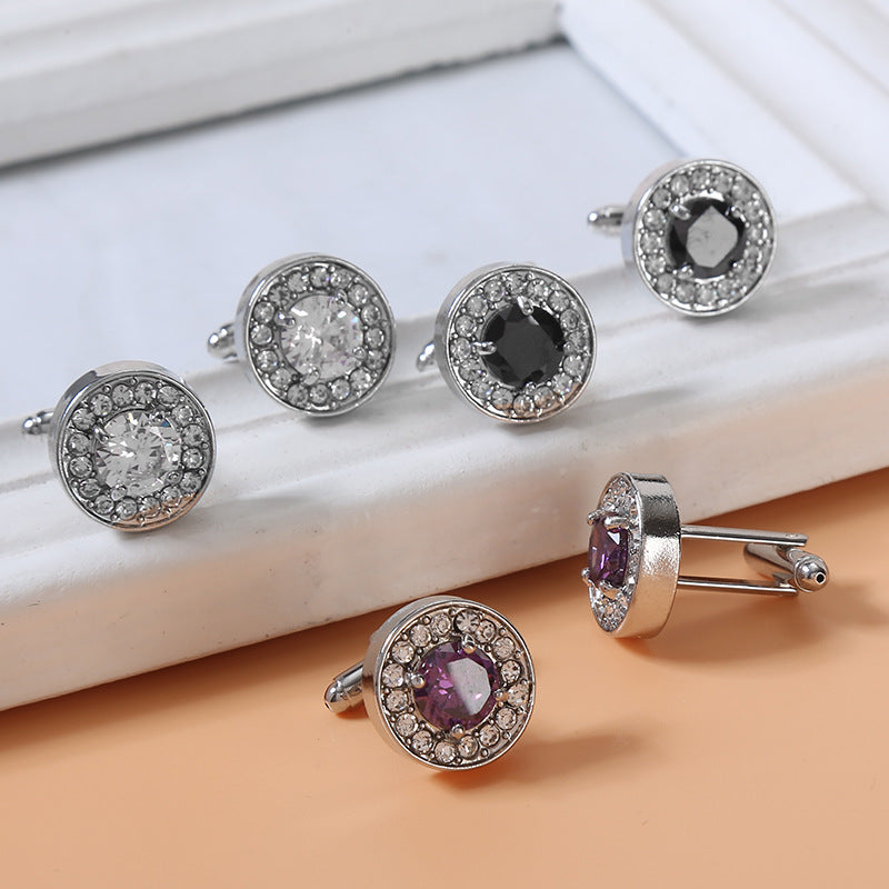 Rockyu カフスボタン ラウンドジルコニアカフリンクス 選べる4色 大粒ストーン×メタルデザイン