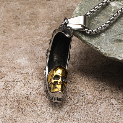 Rockyu メンズネックレス 月とスカルのダークペンダント ステンレス製 60cmチェーン付き