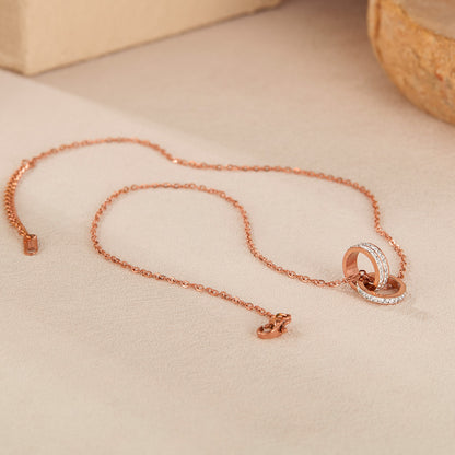 Rockyu ネックレス レディース ピンクゴールド 2連リングペンダント CZ輝石付き