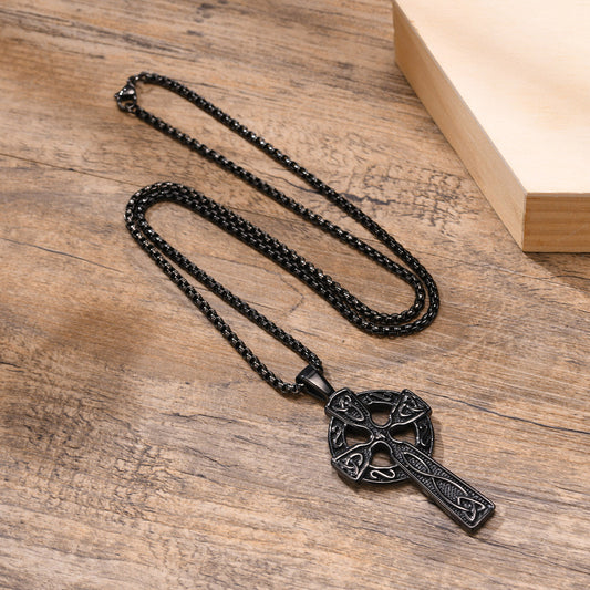 Rockyu ネックレス メンズ ステンレス ケルティッククロス ペンダント チェーン付 ブラック ゴールド シルバー