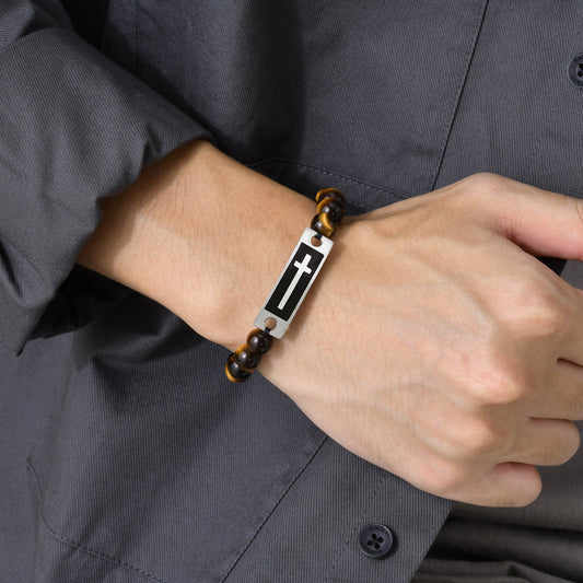 Rockyu メンズ 十字架ブレスレット タイガーアイ×ステンレス 数珠デザイン アレルギー対応