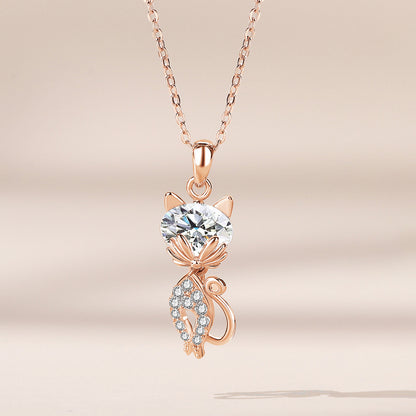 Rockyu ネックレス レディース 猫モチーフ シルバー925 ジルコニア CZダイヤ 一粒 純銀製 ペンダント