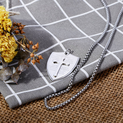 Rockyu シールドクロス ネックレス メンズ ステンレス 経文刻印 十字架ペンダント