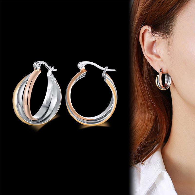 Rockyu レディースピアス 大ぶり三連クロス フープ ゴールド／シルバー チタン製 金属アレルギー対応