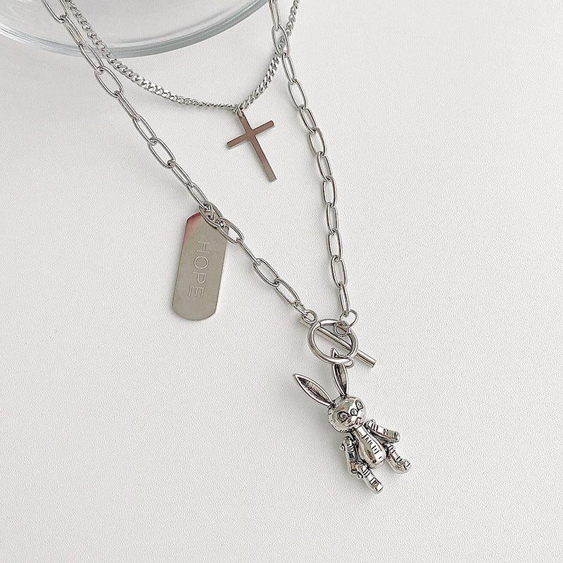 Rockyu レディースネックレス うさぎとくまの二連ロングチェーンペンダント