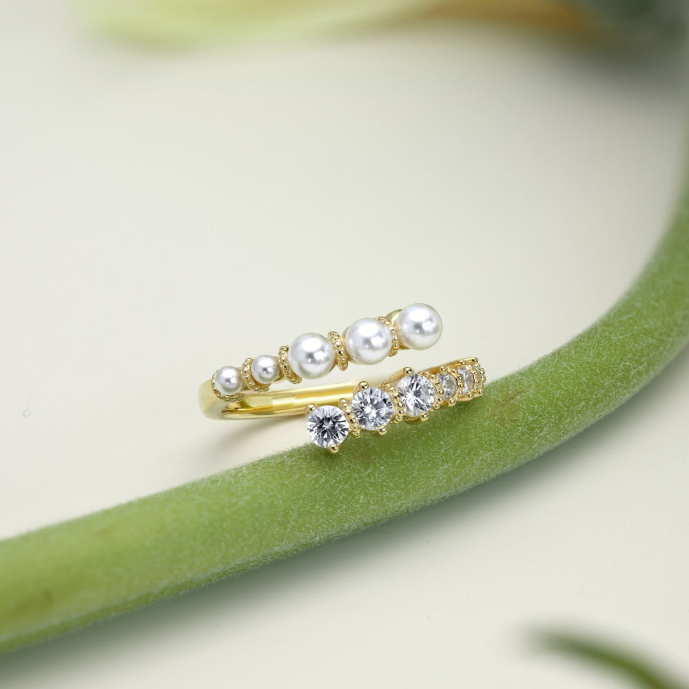 Rockyu レディースリング フリーサイズ パールとストーンが輝く華やか指輪