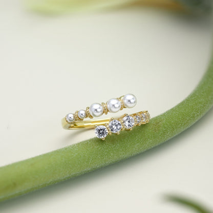 Rockyu レディースリング フリーサイズ パールとストーンが輝く華やか指輪
