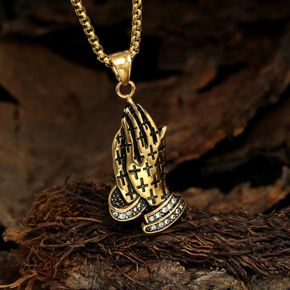 Rockyu 手の祈りネックレス ステンレス製 十字架×刻印入りメンズアクセ