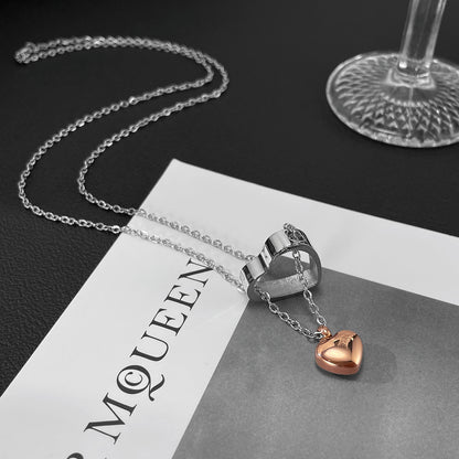 Rockyu ダブルハートネックレス レディース チタン製 ローズゴールド×シルバー メモリアルペンダント 500mmチェーン