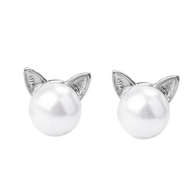 Rockyu 猫耳パールピアス レディース シルバー プチサイズ 可愛いアクセ
